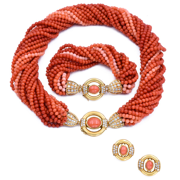 Gucci Coral & Diamond, Necklace, Bracelet & Earrings Set