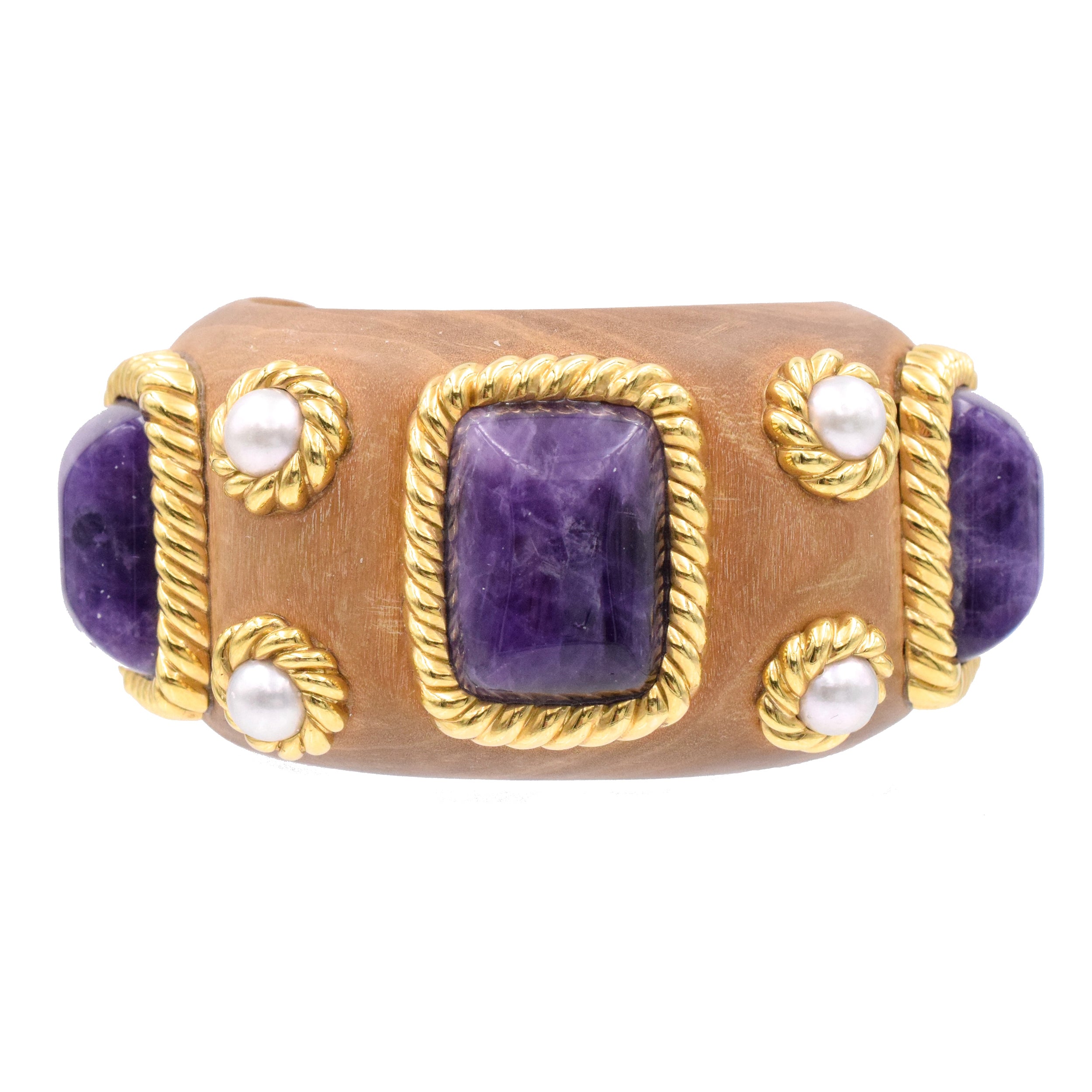 1980's Amethyst, Pearls & Wood Cuff Bracelet