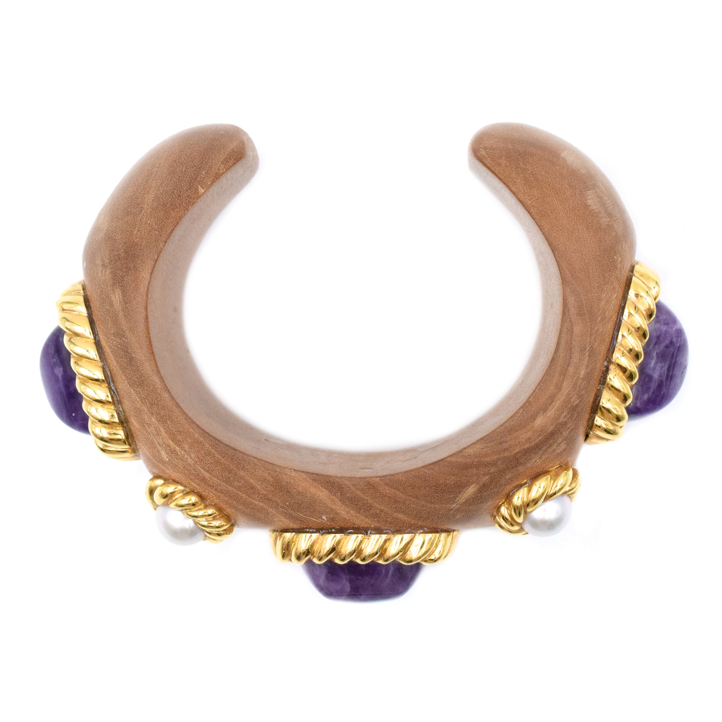 1980's Amethyst, Pearls & Wood Cuff Bracelet