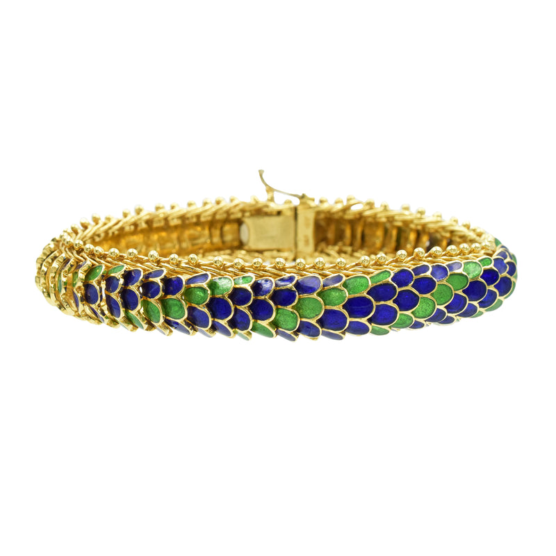 Blue & Green Enamel Dragon Scales Bracelet in 18k Yellow Gold