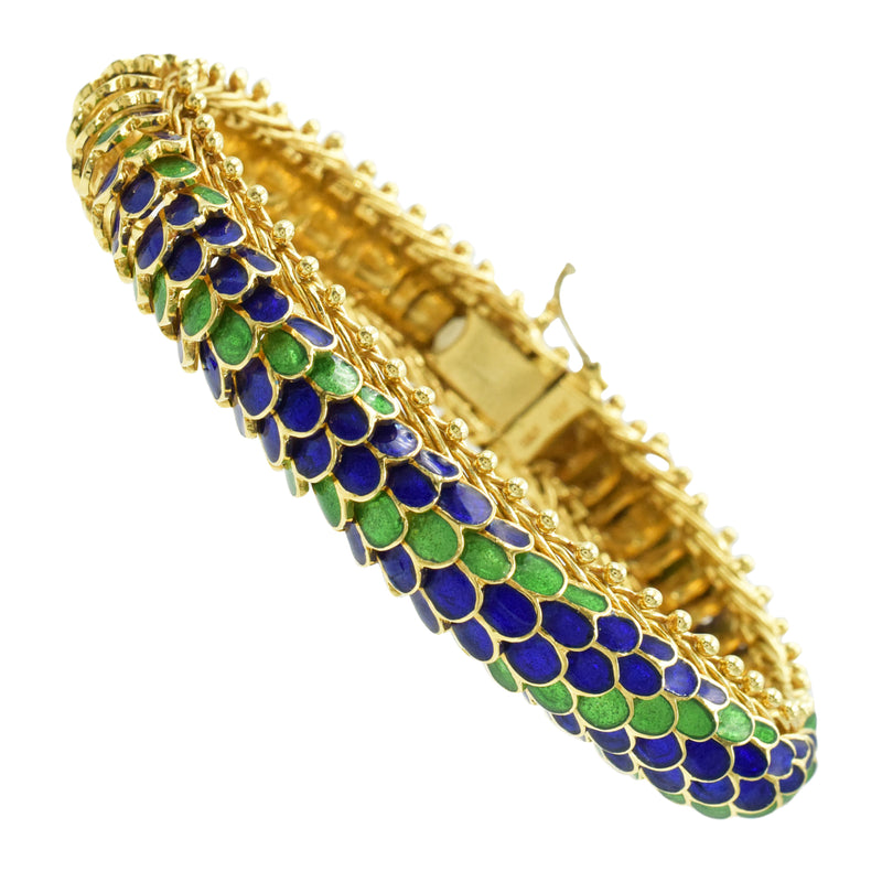Blue & Green Enamel Dragon Scales Bracelet in 18k Yellow Gold
