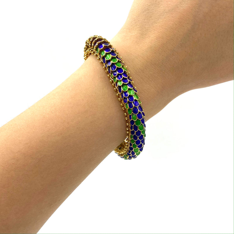 Blue & Green Enamel Dragon Scales Bracelet in 18k Yellow Gold
