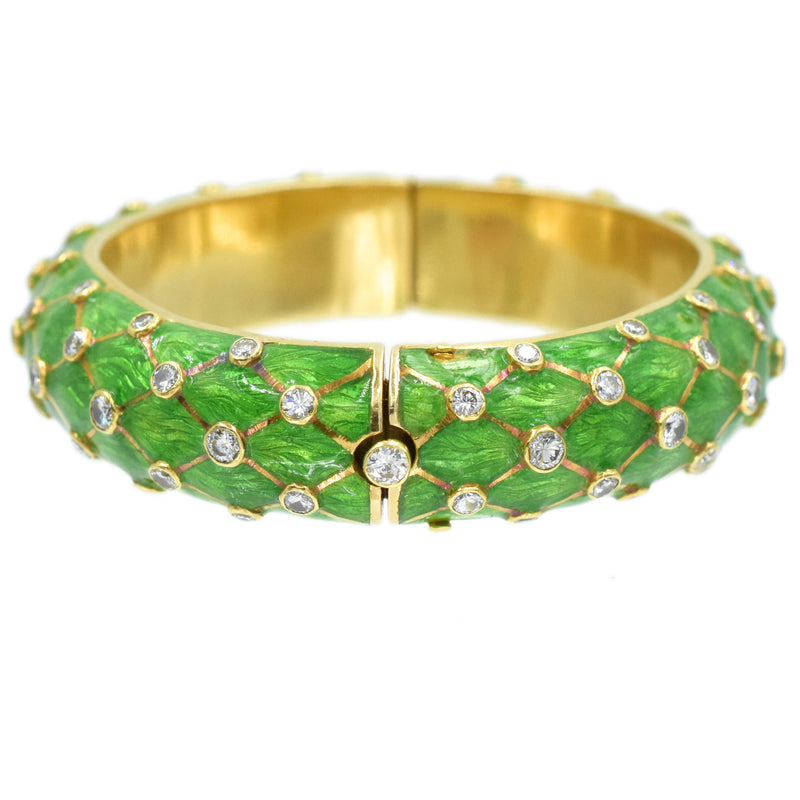 Tiffany & Co. Green Enamel & Diamond Bangle Bracelet