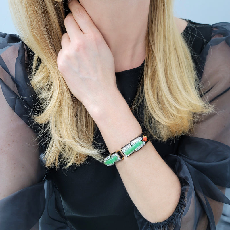 David Webb Jade, Diamonds, Coral & Enamel Dragon Cuff Bracelet