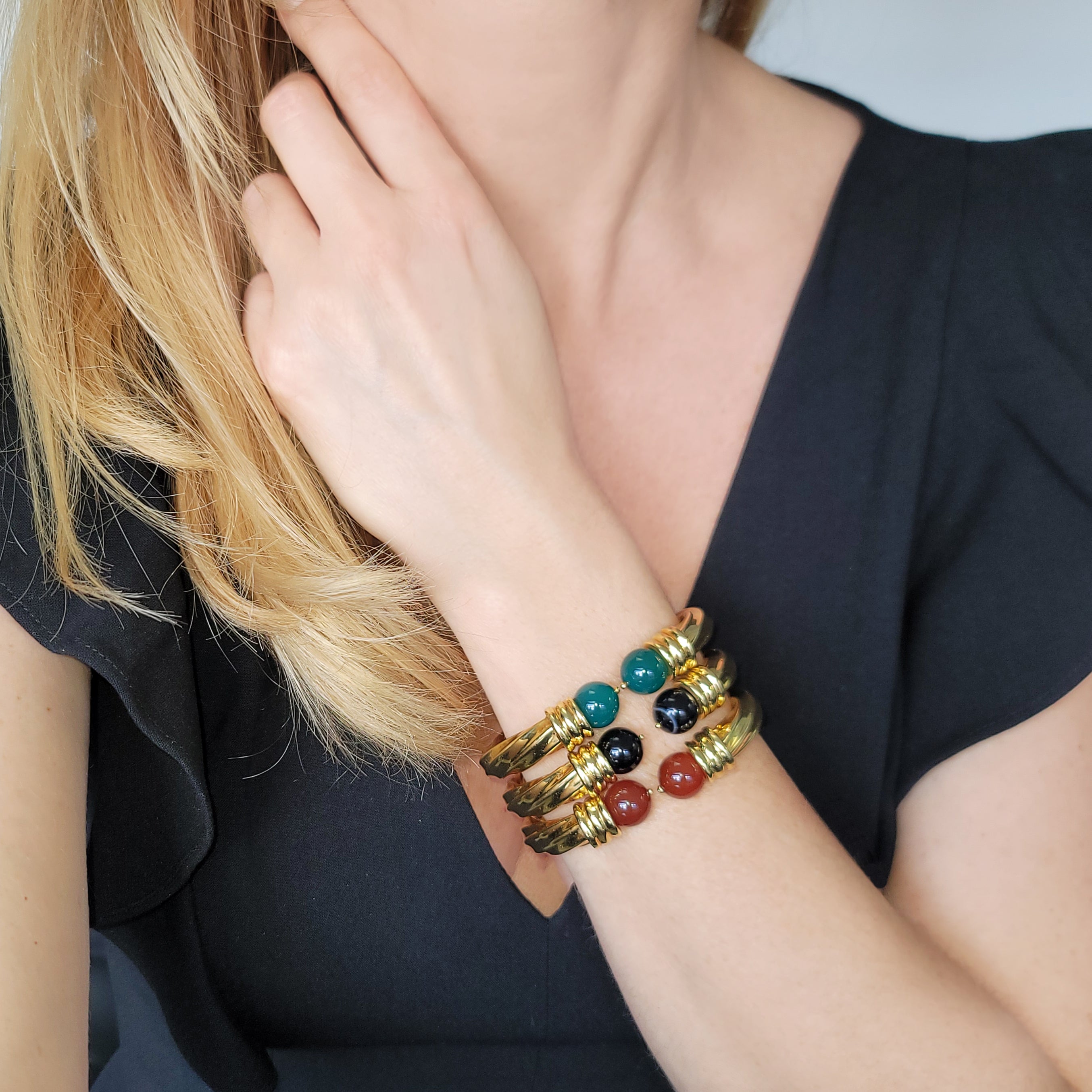 Set Of Bangle Bracelets with Green & Black Onyx & Carnelian Beads