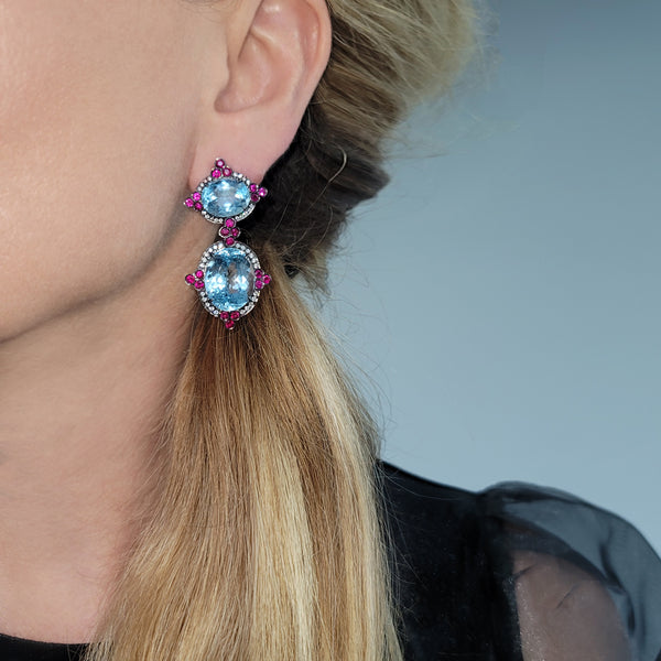 Aquamarine, Ruby & Diamond Drop Earrings