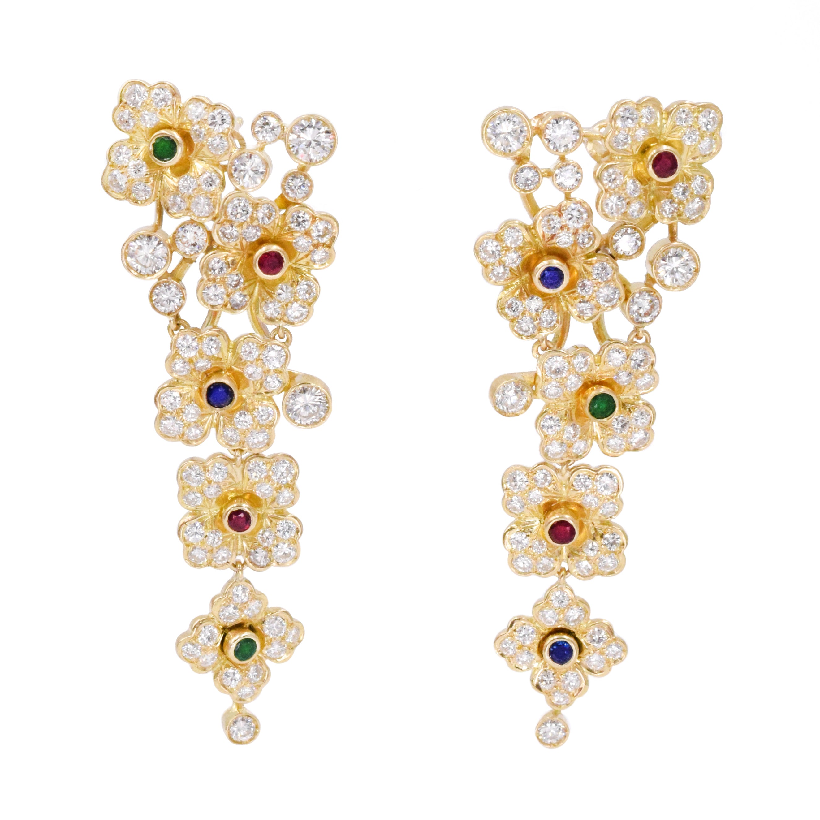 6ct Diamond & Gems Flower Earrings in 18k Yellow GOld