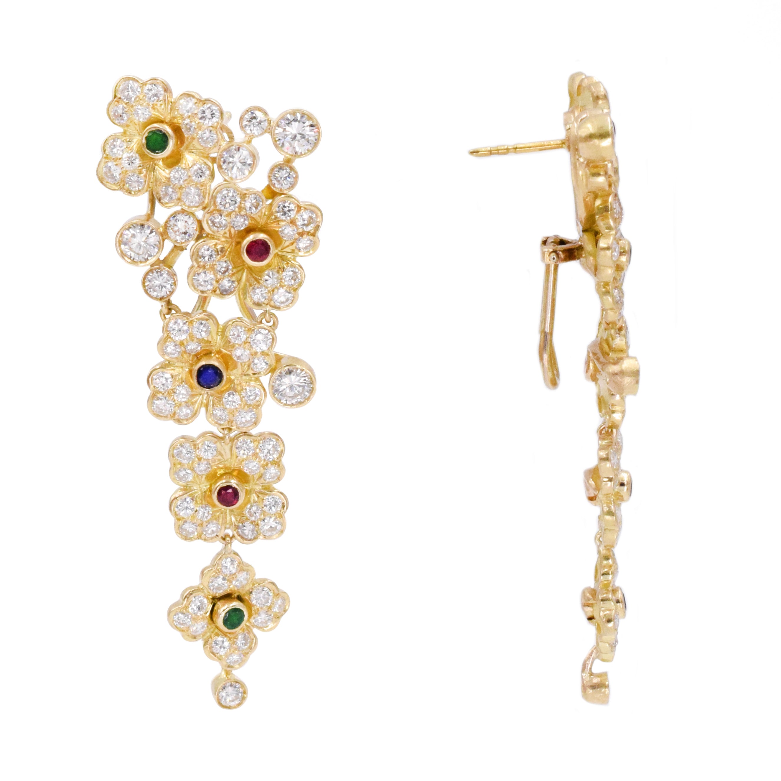 6ct Diamond & Gems Flower Earrings in 18k Yellow GOld