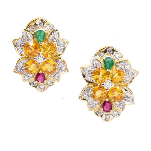 Diamond & Gemstones Cluster Earrings in 18k Yellow Gold