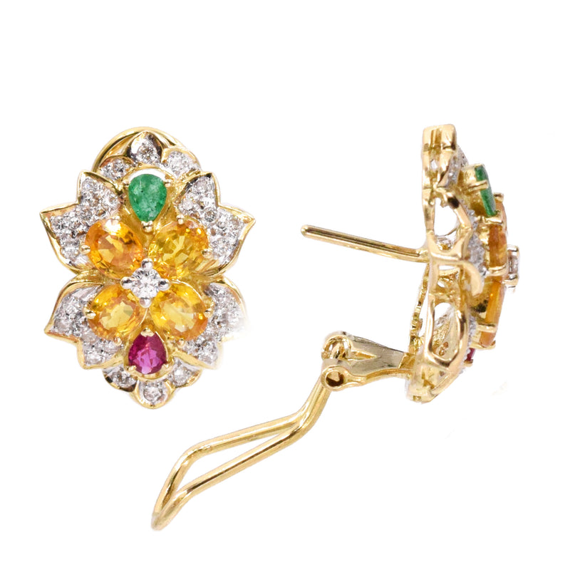 Diamond & Gemstones Cluster Earrings in 18k Yellow Gold