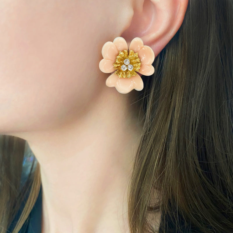Diamond & Angel Skin Coral Flower Blossoms Earrings