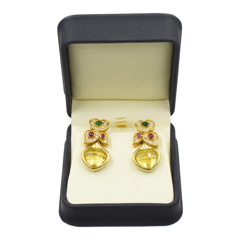 1980's Bulgari Sapphire, Diamond, Ruby & Emerald Earrings