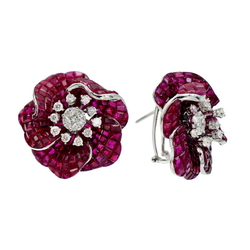 Invisibly Set 64.50ct Ruby & 1.54ct Diamond Flower Earrings