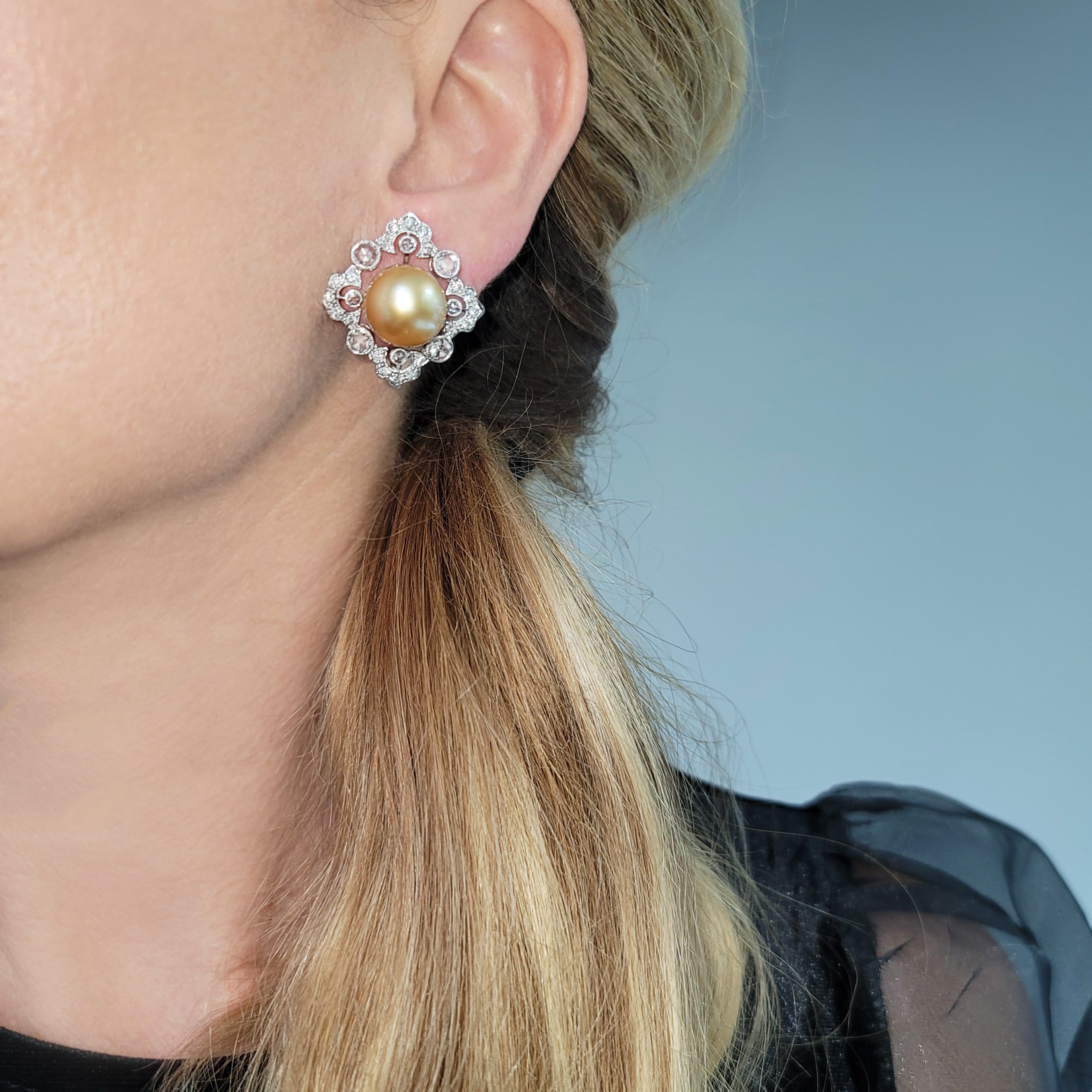 1970's Golden South Sea Pearl & Diamond Earrings