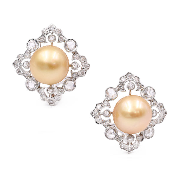1970's Golden South Sea Pearl & Diamond Earrings