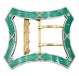 Stunning 1900's Cartier belt buckle, crafted in 14k two-tone gold and silver, decorated with green guilloché enamel and withe enamel boarders, set with rose-cut diamond flower blossoms, stylized "X" designs and collet accents with milgrain finish.  Inscribed Cartier Paris with French marks for gold and silver.  Measurements 90mm by 80mm Weight 91g.  Ref# 950-000-2078
