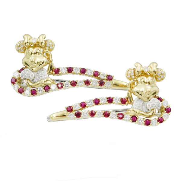 2.50ct Diamond & 2.50ct Ruby Minnie Mouse Hair Pins Clips in 18k Yellow Gold