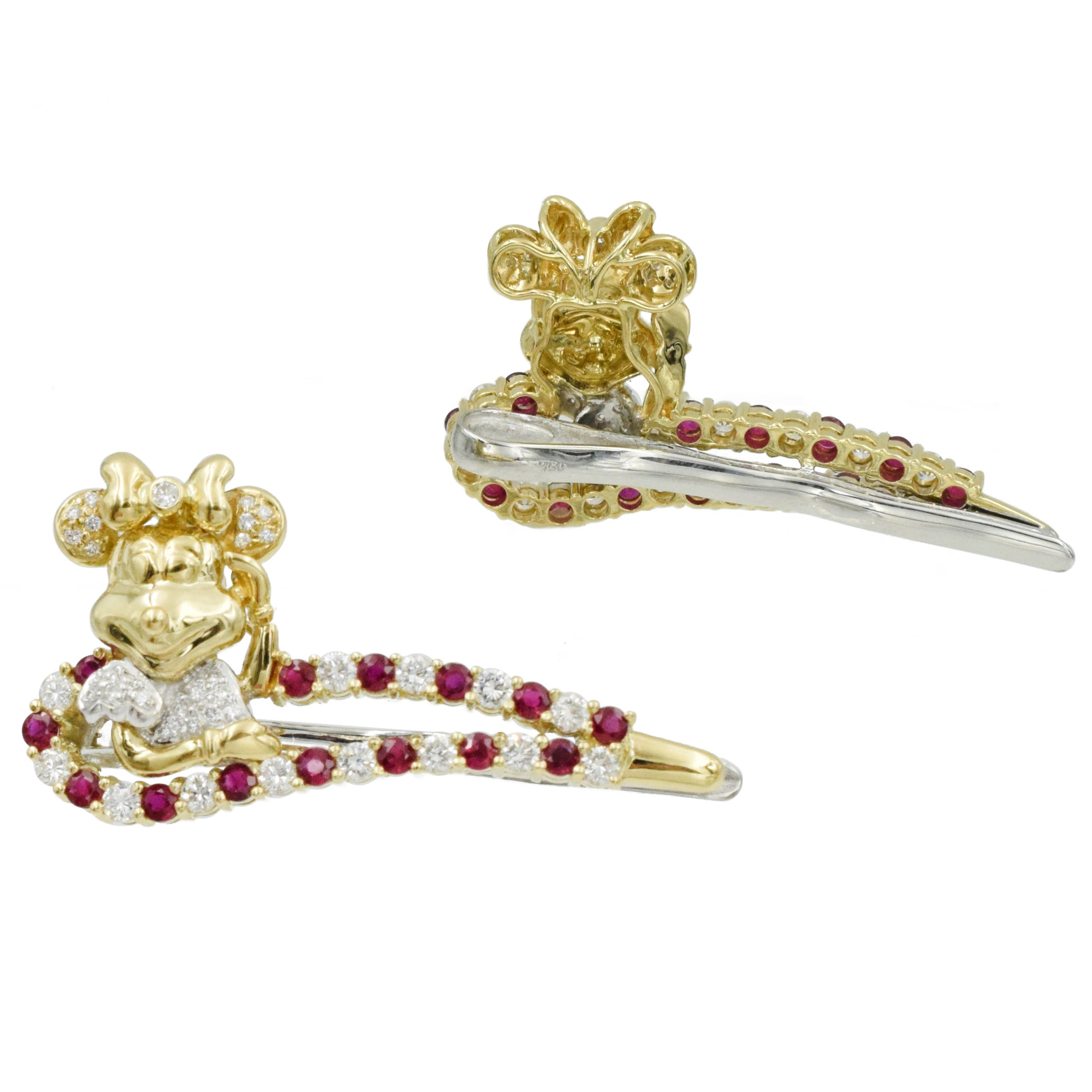 2.50ct Diamond & 2.50ct Ruby Minnie Mouse Hair Pins Clips in 18k Yellow Gold