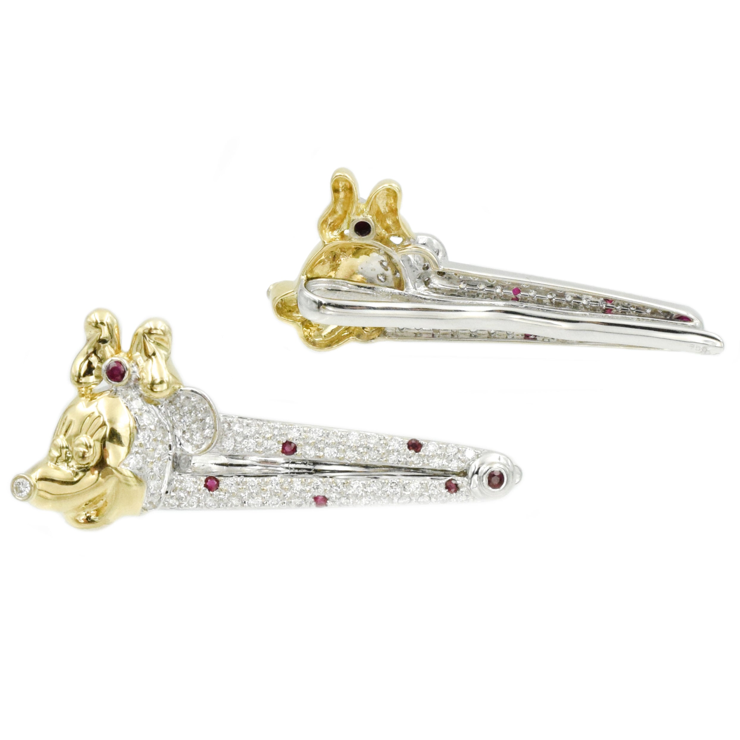 1ct Diamond & 0.50ct Ruby Minnie Mouse Hair Clips 18k Yellow Gold