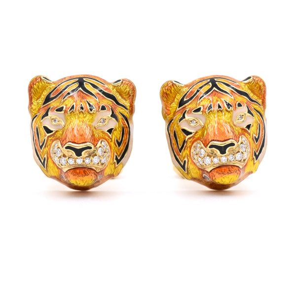 Diamond & Enamel Tiger Cufflinks in 18k Yellow Gold by Nally