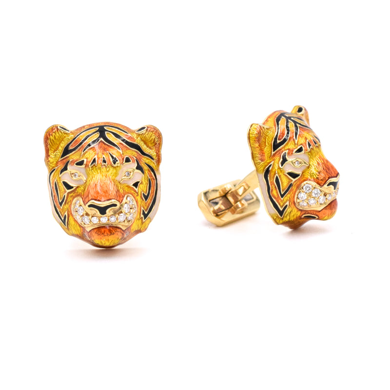 Diamond & Enamel Tiger Cufflinks in 18k Yellow Gold by Nally