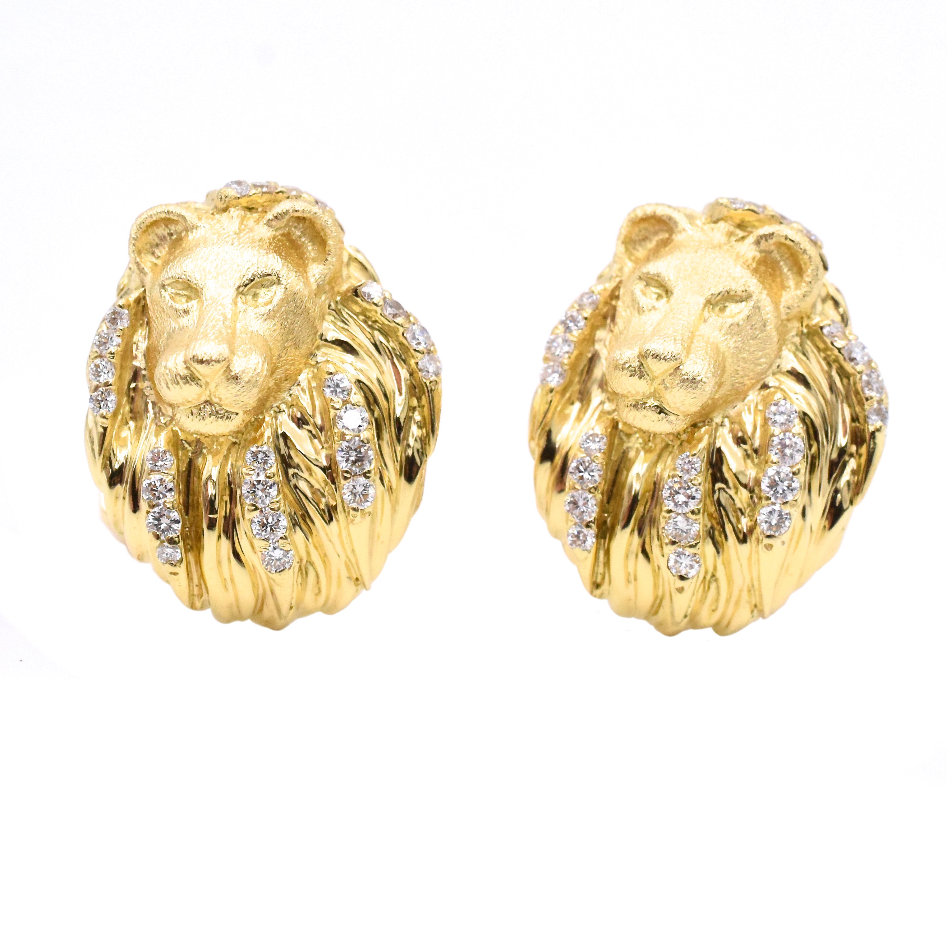 Diamond Lion Head Cufflinks in 18k Yellow Gold by Nally