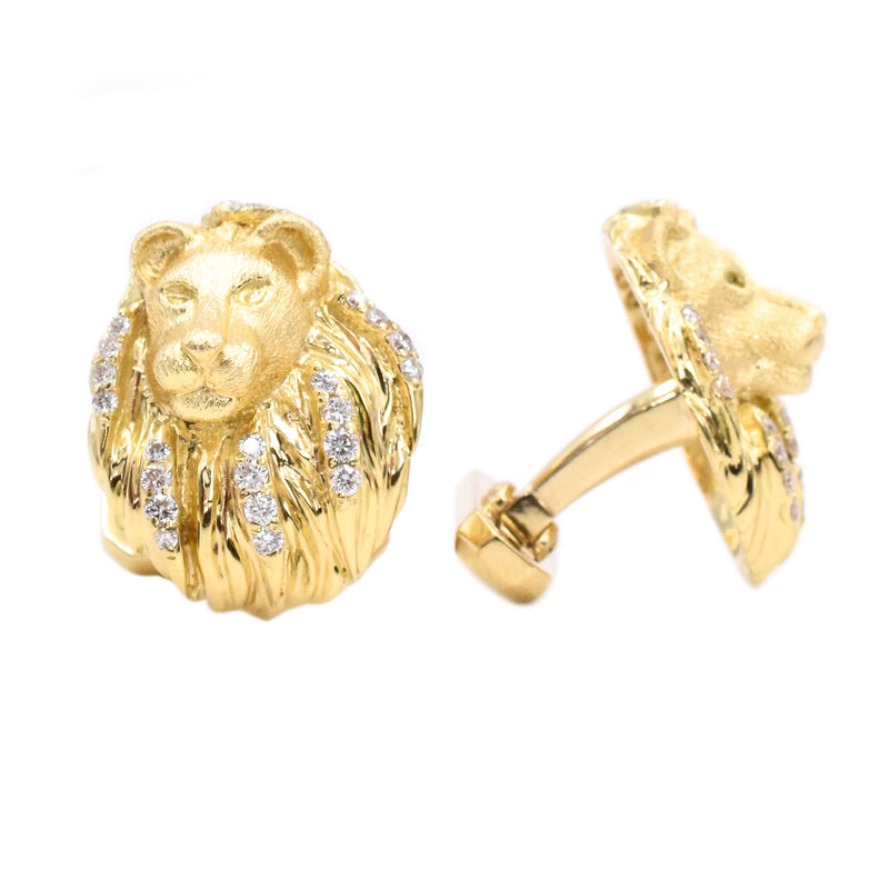 Diamond Lion Head Cufflinks in 18k Yellow Gold by Nally