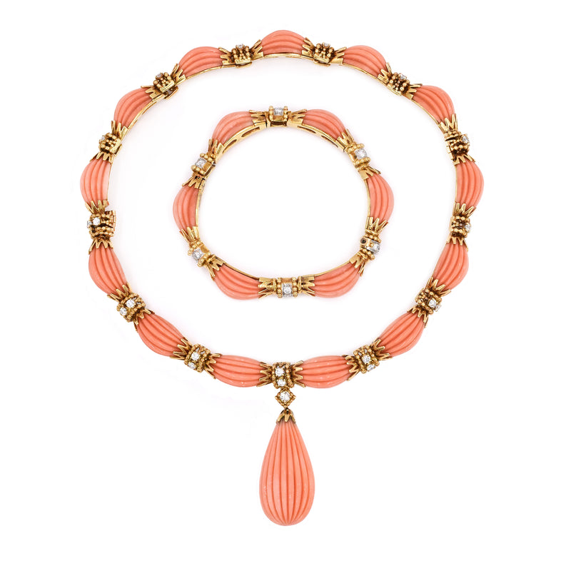 1970's Versatile Van Cleef & Aprils Coral and Diamond Necklace & Bracelet Set