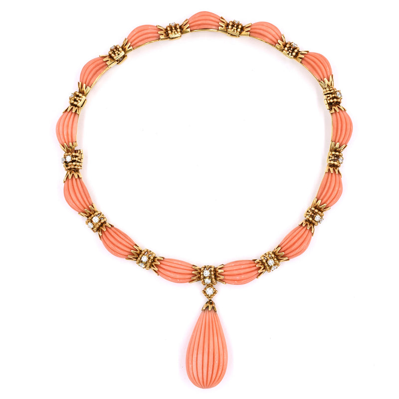 1970's Versatile Van Cleef & Aprils Coral and Diamond Necklace & Bracelet Set