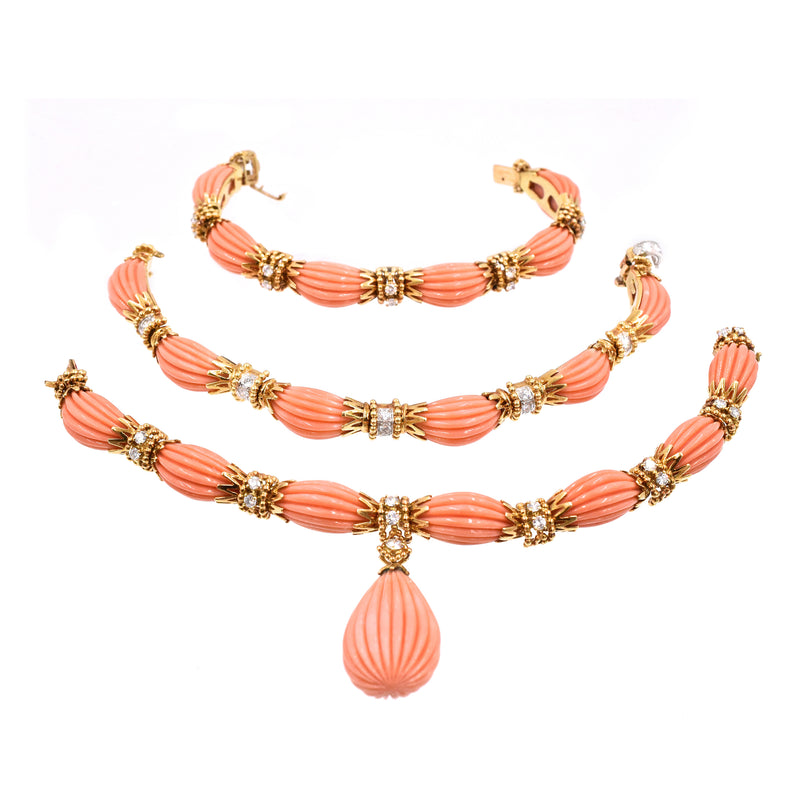 1970's Versatile Van Cleef & Aprils Coral and Diamond Necklace & Bracelet Set