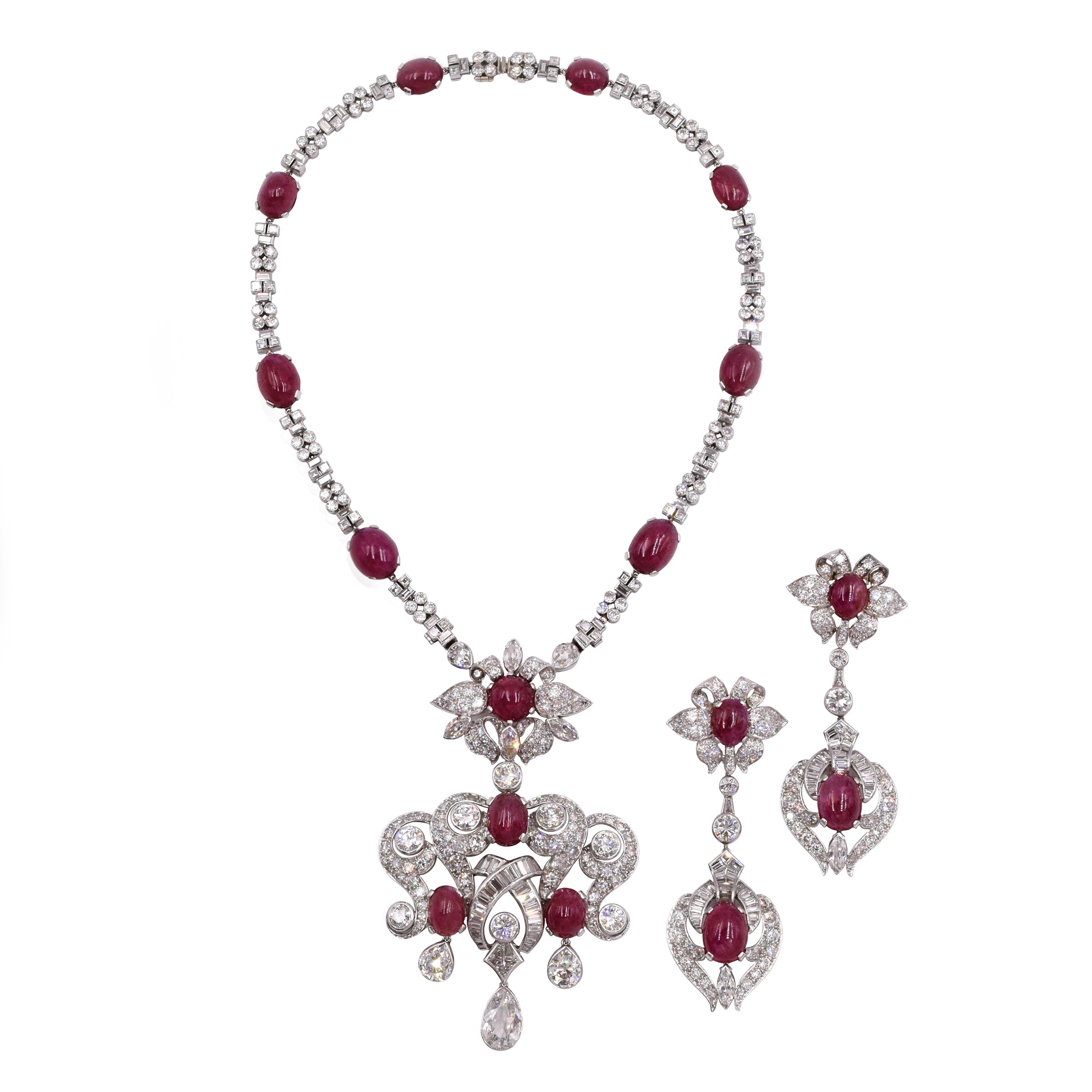 1940's Versatile Diamond & Burma Ruby Necklace & Earrings Set