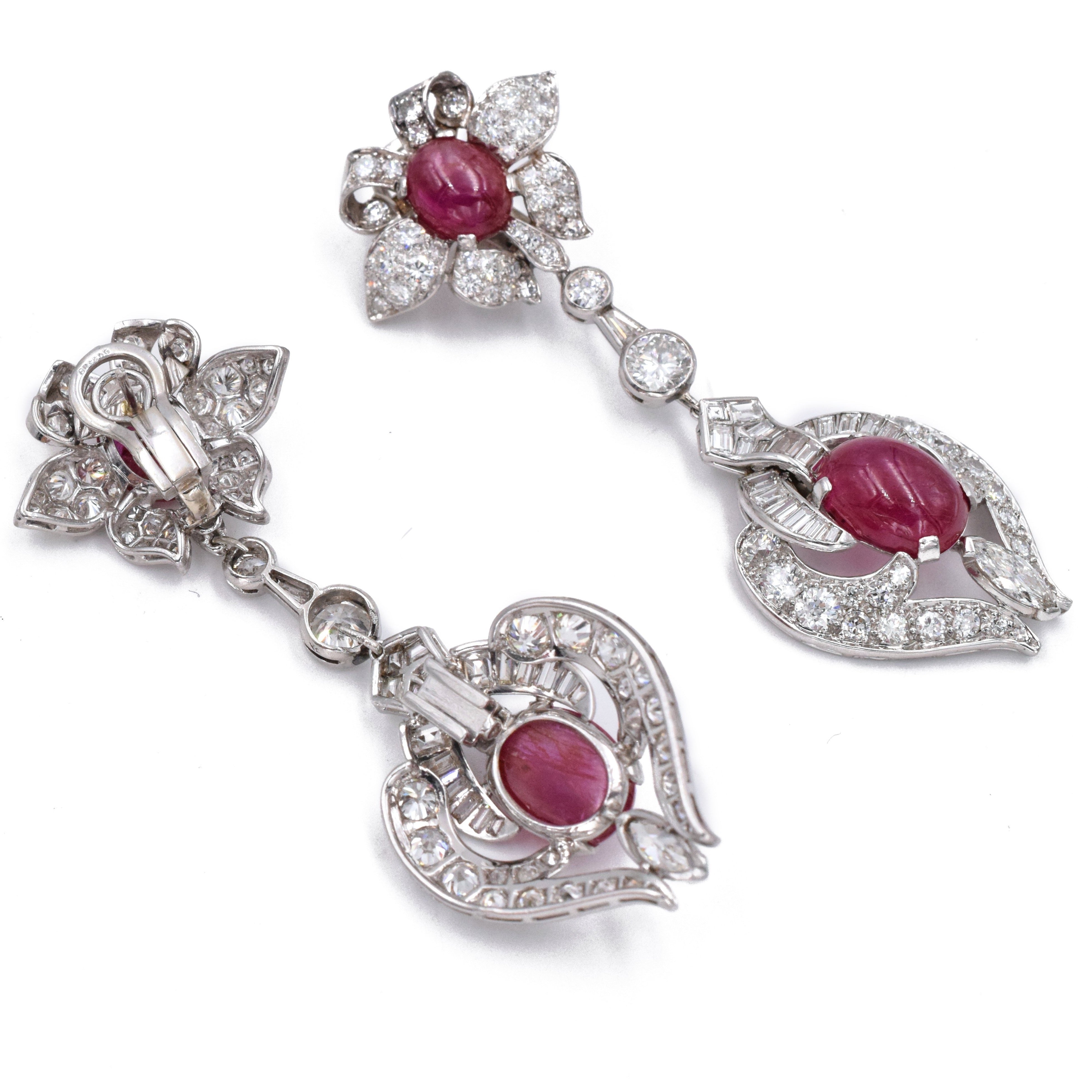 1940's Versatile Diamond & Burma Ruby Necklace & Earrings Set