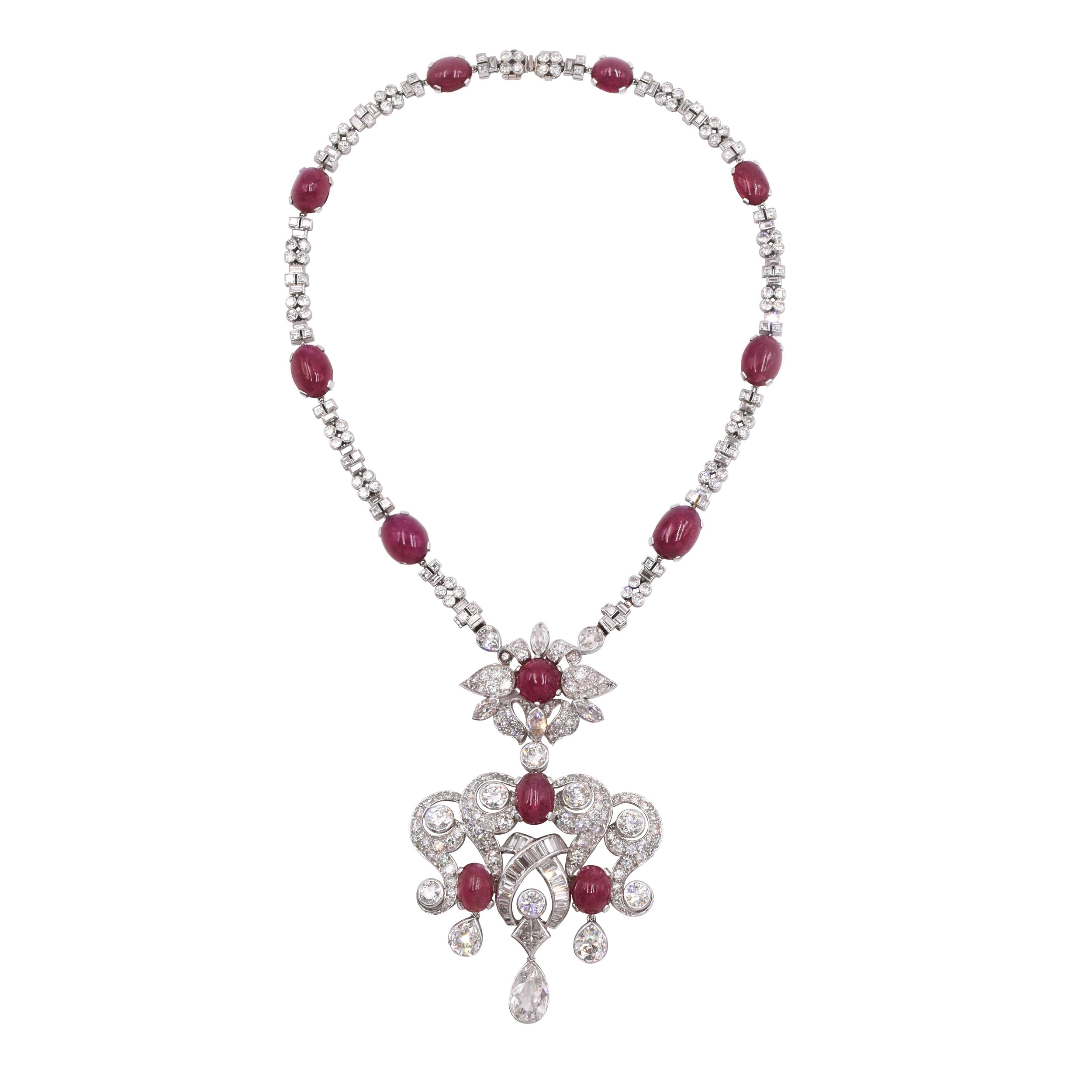 1940's Versatile Diamond & Burma Ruby Necklace & Earrings Set