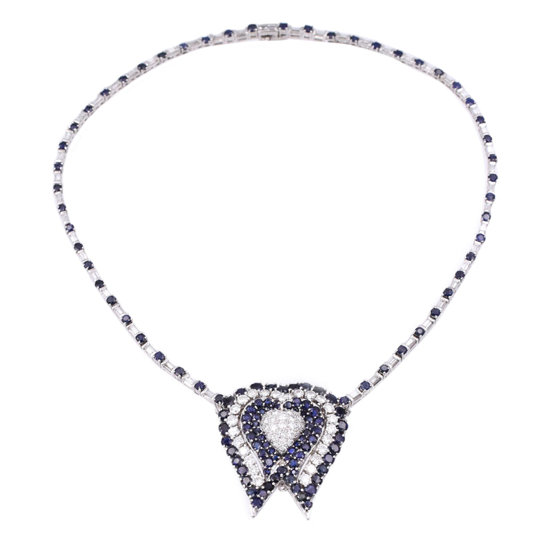 Versatile Diamond & Sapphire Heart Pendant & Brooch Necklace
