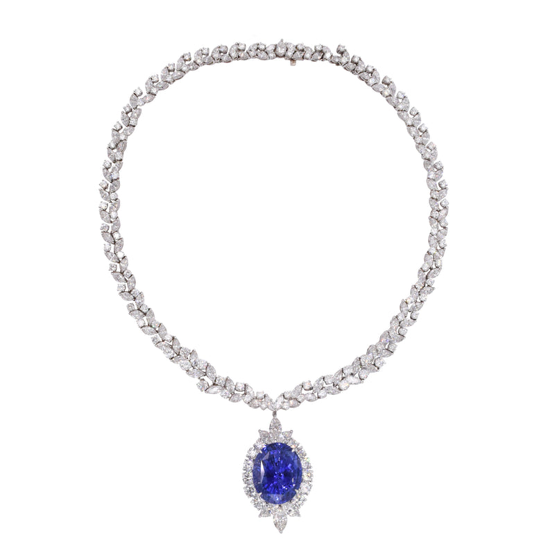 70.14ct Ceylon Sapphire & 44.50ct Diamond Necklace & Earrings Suite
