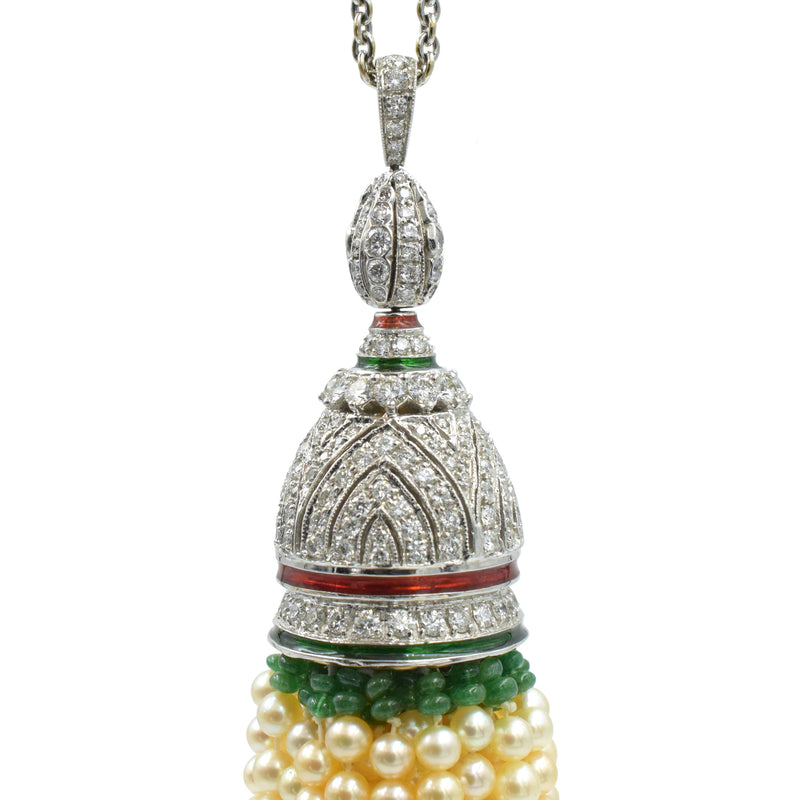 Diamond, Pearl & Emerald Tassel Necklace