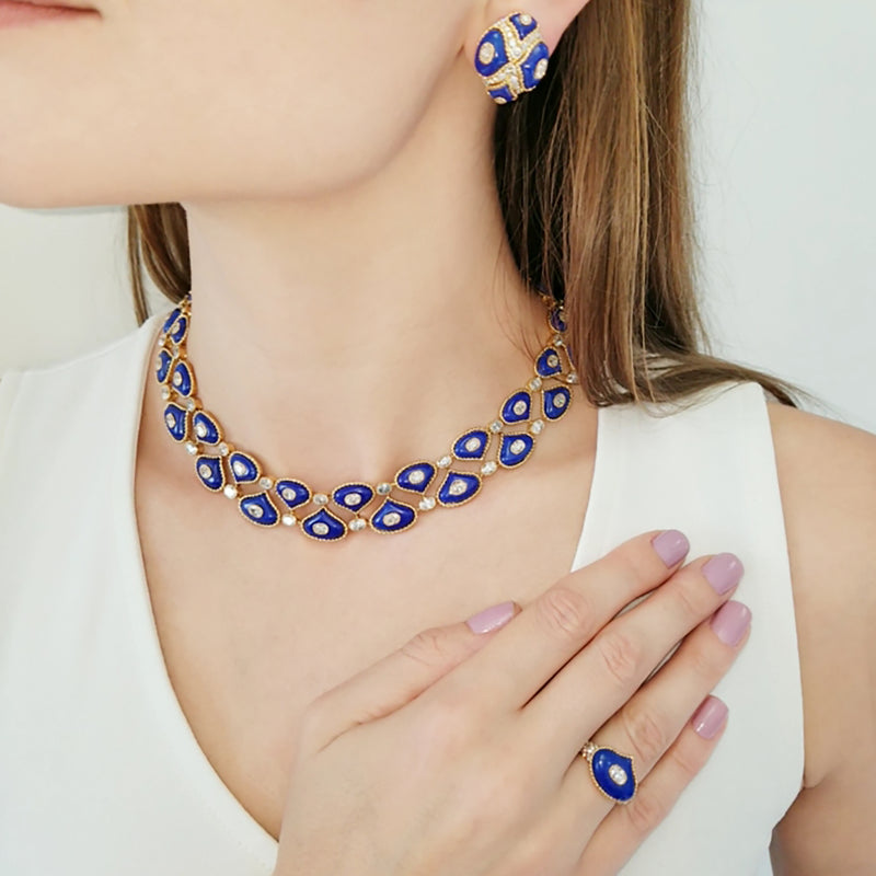 1990's Diamond and Lapis Lazuli Necklace, Earrings & Ring Set by Alexander Reza