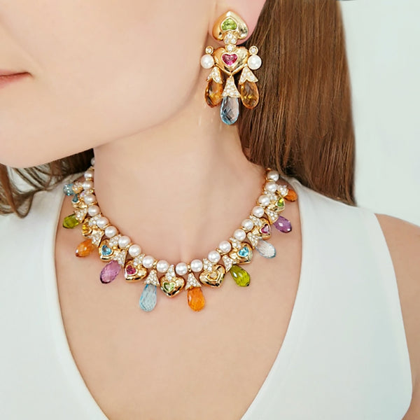 Moussaieff Pearl, Diamond and Multi Gemstone Necklace and Earrings Set