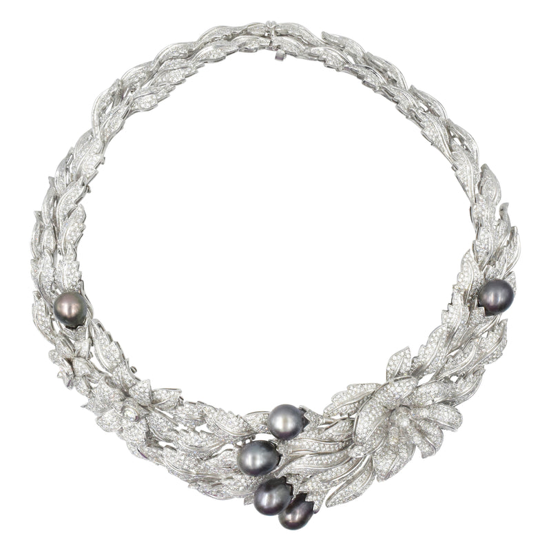 1970's Tahitian Black Pearl & 35ct Diamond Necklace