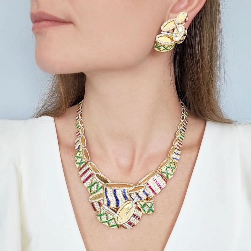 Barry Peters Multicolor Gemstones & Diamonds Drums, Earrings & Necklace Set