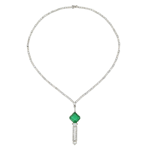 Art Deco 3.90ct Columbian Emerald & 4.15ct Diamond Necklace in Platinum