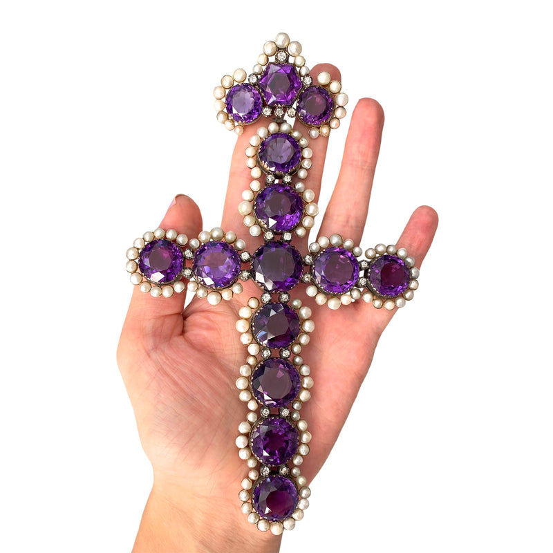 Antique Amethyst, Pearl & Diamond Cross Pendant