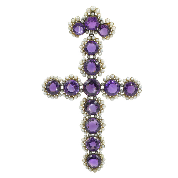 Antique Amethyst, Pearl & Diamond Cross Pendant