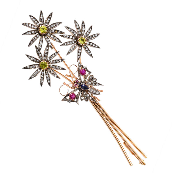 Diamond & Gems Flower & Butterfly Brooch