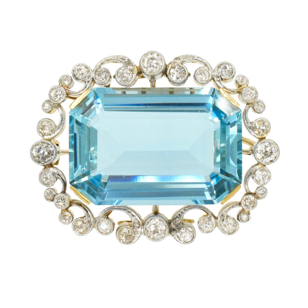 Edwardian 31.32ct Aquamarine & Diamond Brooch