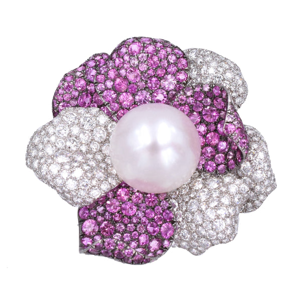 Pearl, Diamond & Sapphire Flower Brooch by De Grisogono