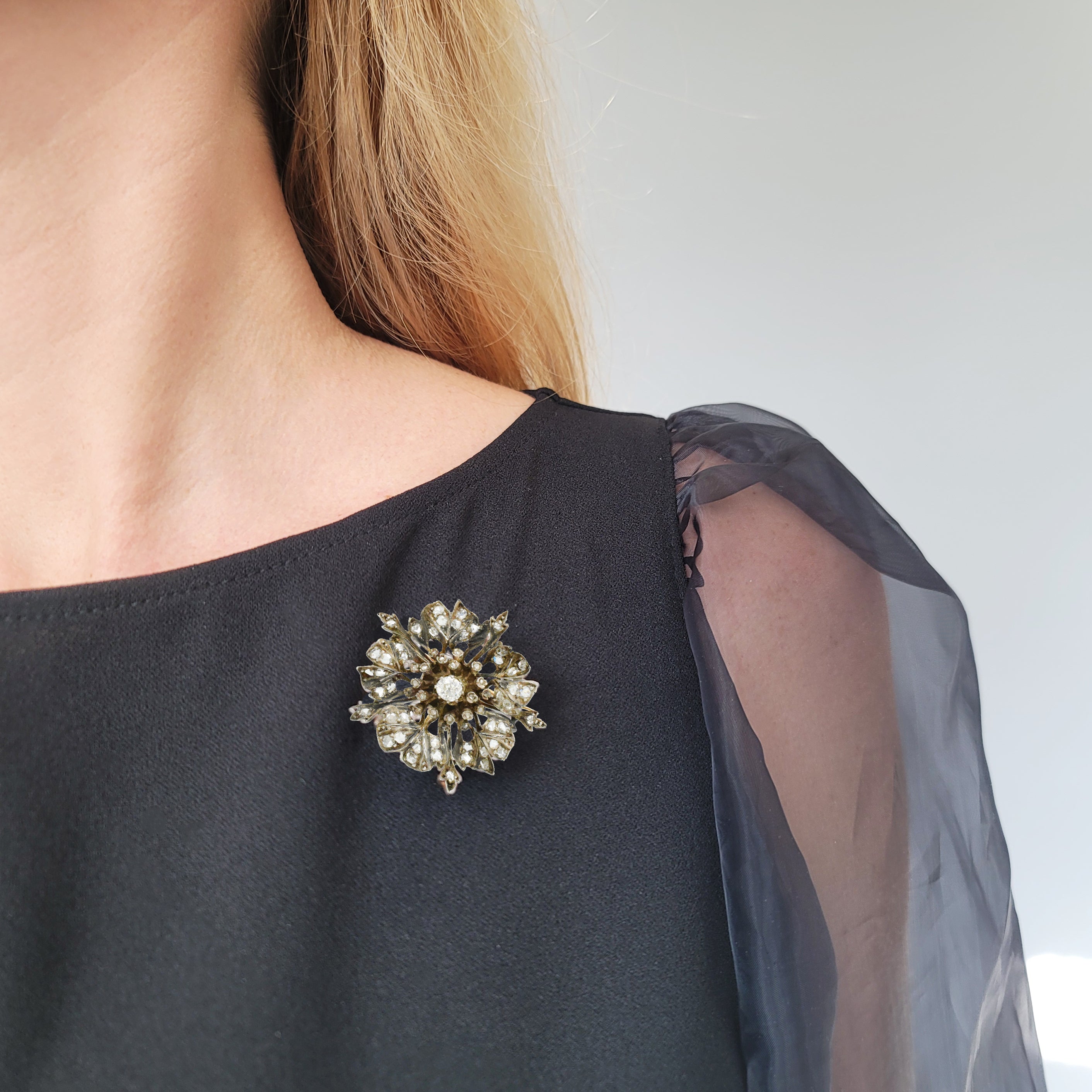 Antique 2ct Diamond Flower Brooch & Pendant in 14k Gold & Silver