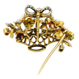 Edwardian Diamond, Emerald & Ruby Flower Basket Brooch