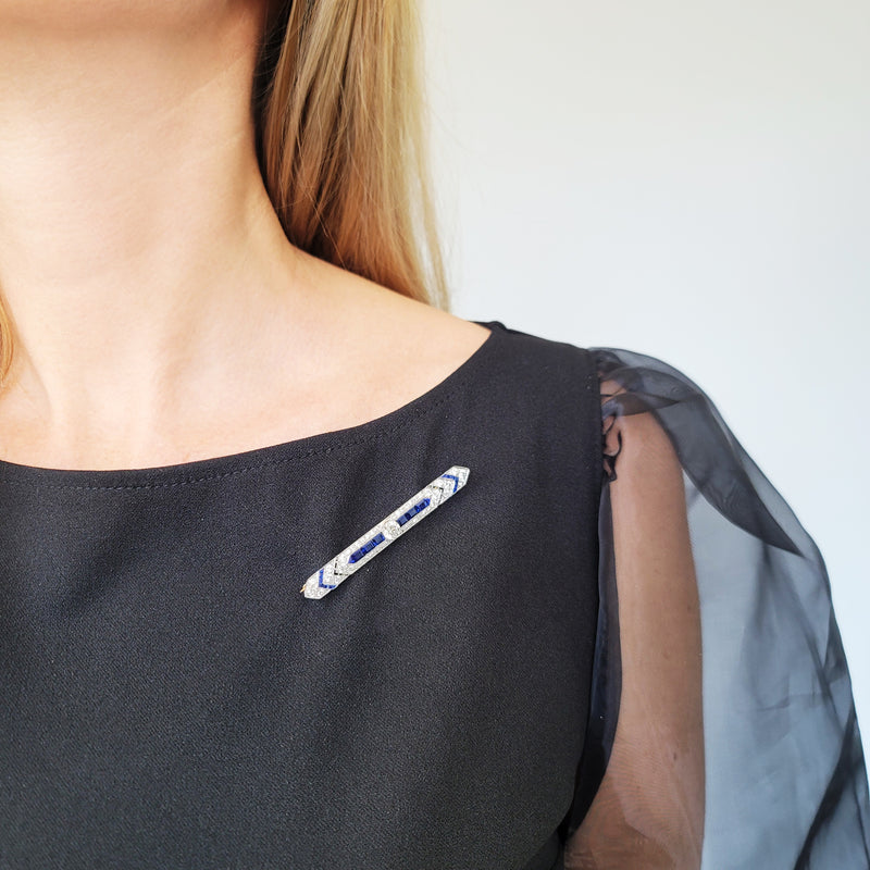 Art Deco 3ct Diamond & 1.50ct Sapphire Lapel Pin