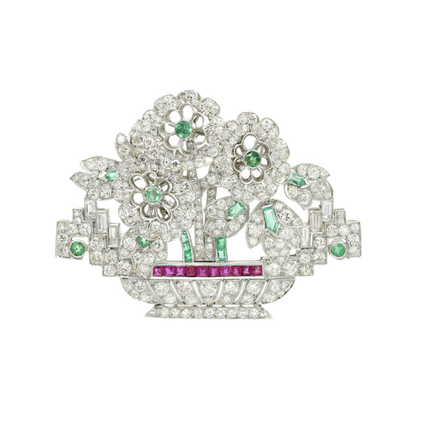Art Deco Diamond, Emerald & Ruby Flower Brooch in Platinum